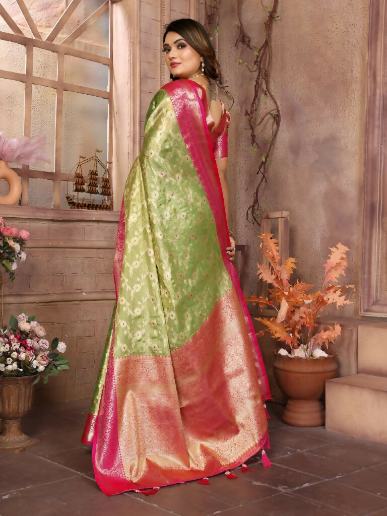 Anaita Light Green Tissue Silk With Zari Weaving Saree With Blouse | Grocsy