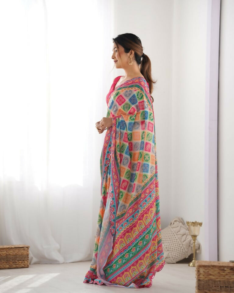Multy Chinon Designer Digital Printed & Mirror Cut Work Saree - Kriti | Grocsy
