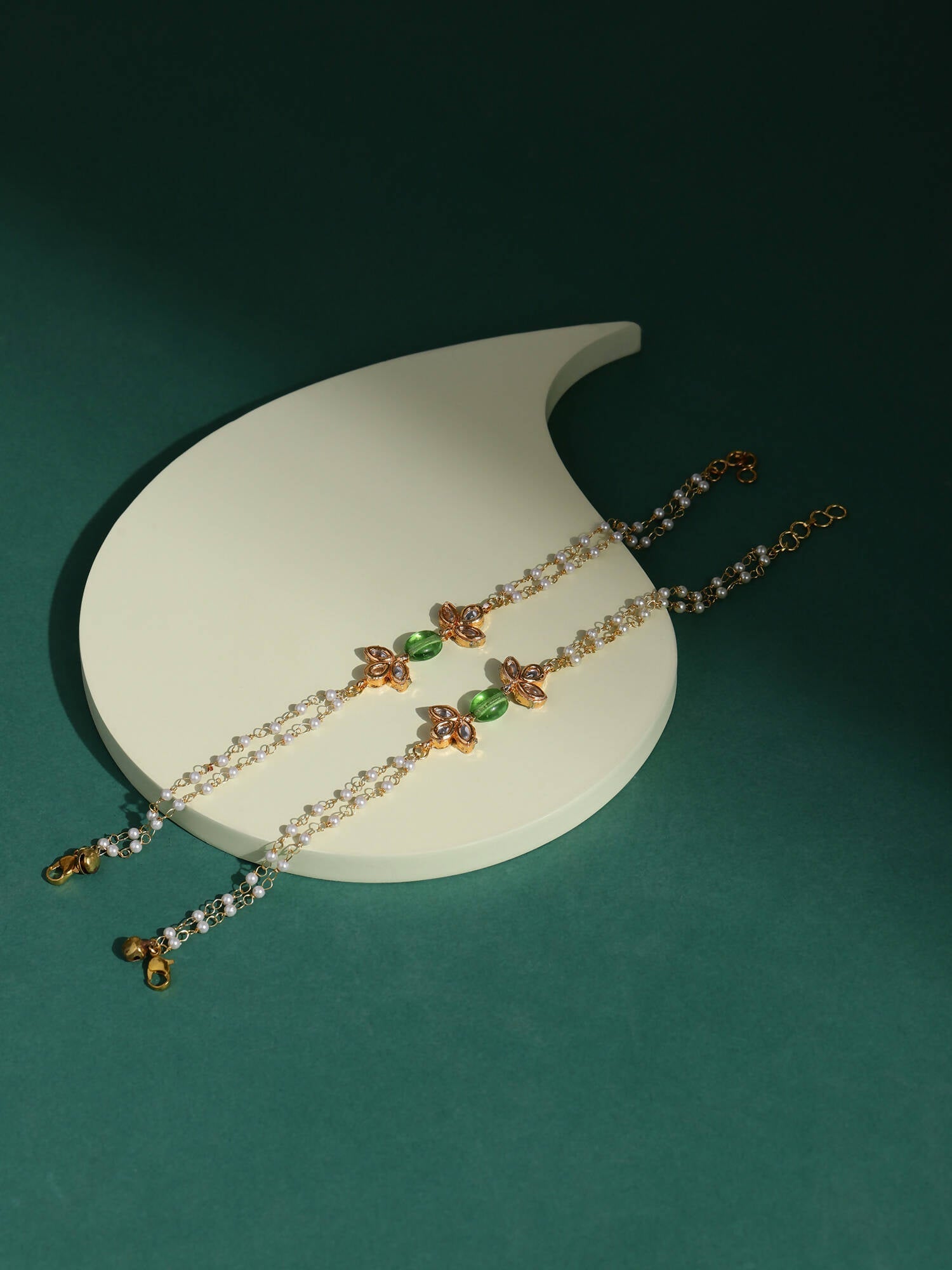 Gold-Polished Green White Kundan Beads Anklet Set Of 2 - Ruby Raang | Grocsy
