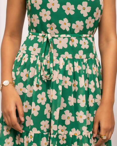 FIORRA Women's Green Georgette Floral Printed Western Dress | Grocsy