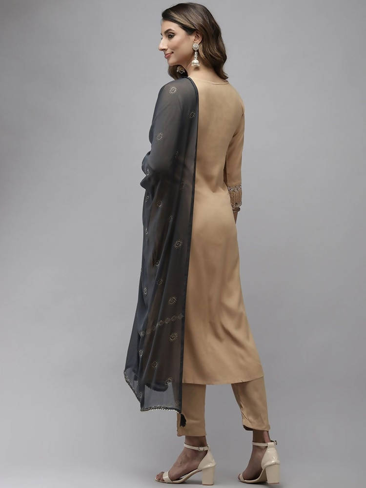 Yufta Women Beige & Charcoal Grey Ethnic Motifs Embroidered Kurta with Trouser & Dupatta | Grocsy