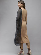 Yufta Women Beige & Charcoal Grey Ethnic Motifs Embroidered Kurta with Trouser & Dupatta | Grocsy