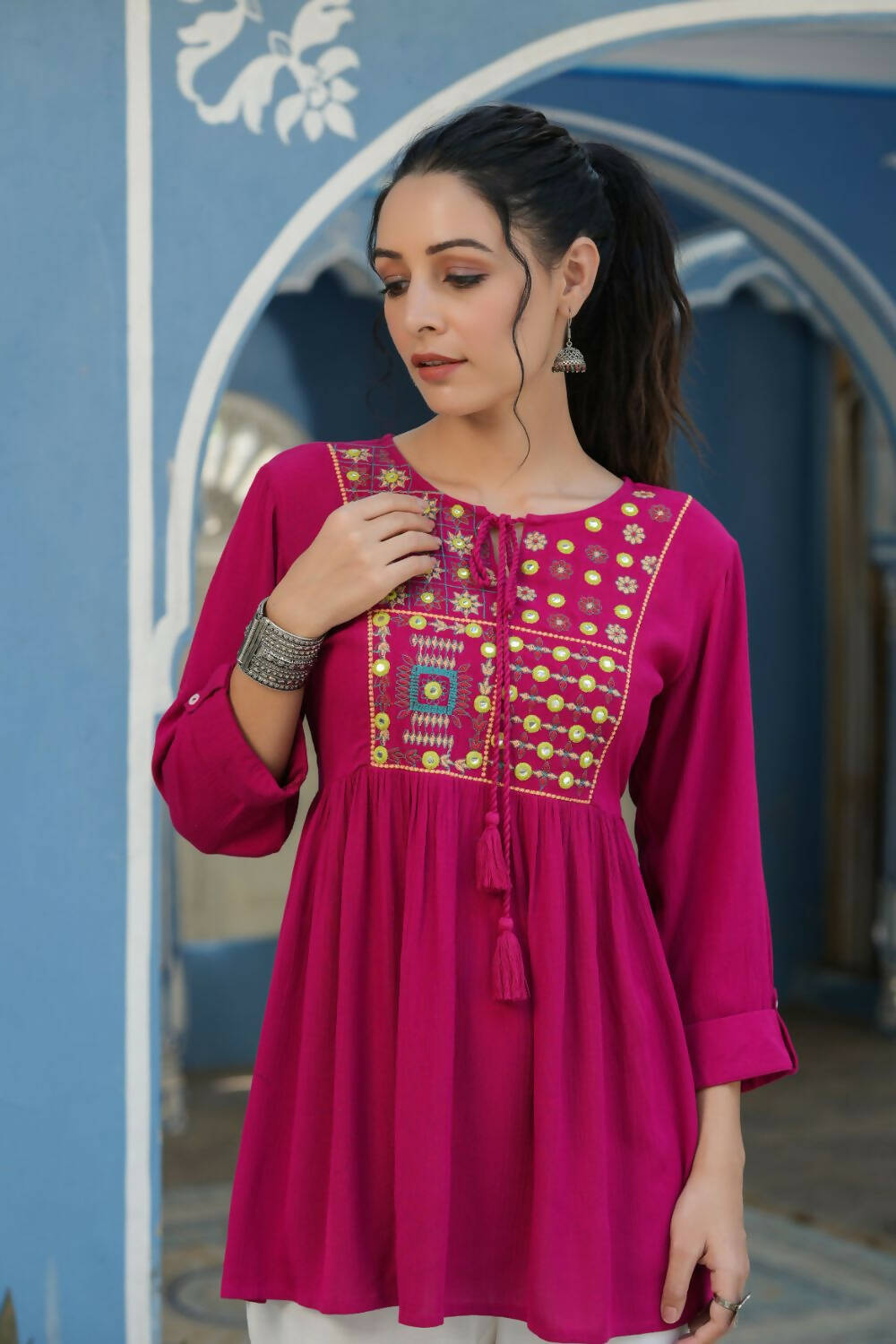 Juniper Women's Fuchsia Rayon Crepe Embroidered Straight Tunic | Grocsy