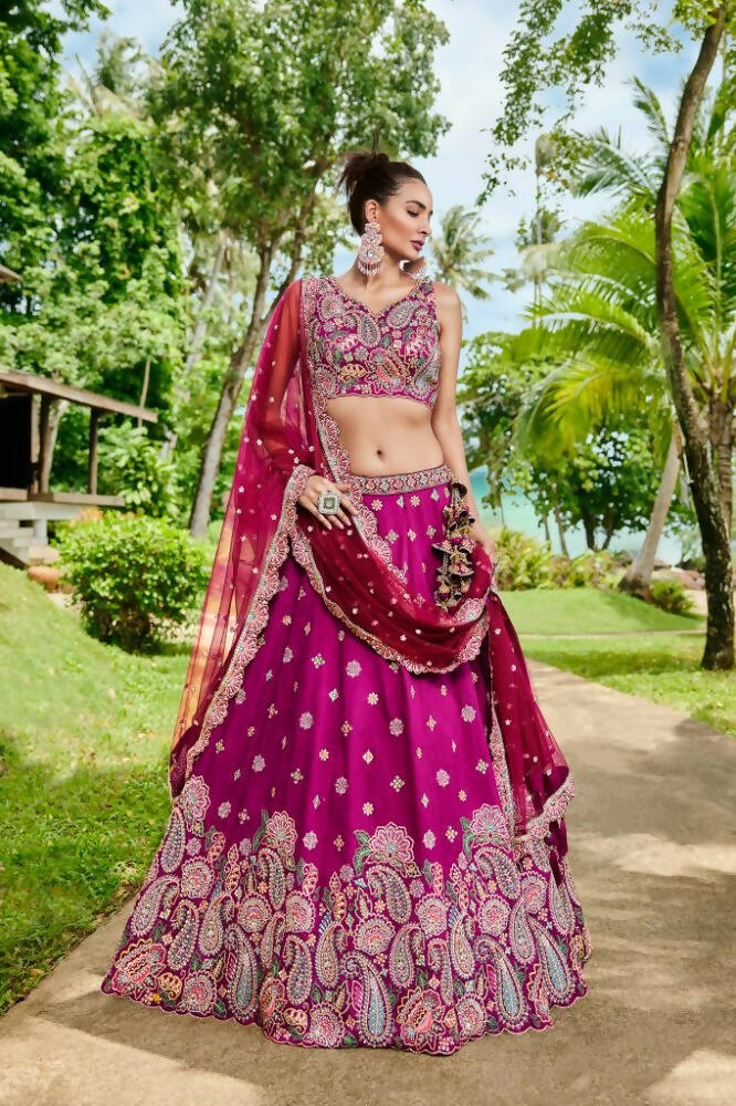 House of Panchhi Burgundy Satin Silk Sequins And Zarkan Embroidery Lehenga Choli & Dupatta | Grocsy