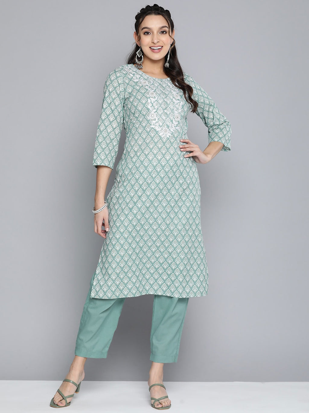 HERE&NOW Women Ethnic Motifs Embroidered Mirror Work Pure Cotton Kurta With Trousers | Grocsy