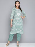 HERE&NOW Women Ethnic Motifs Embroidered Mirror Work Pure Cotton Kurta With Trousers | Grocsy