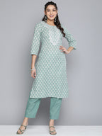 HERE&NOW Women Ethnic Motifs Embroidered Mirror Work Pure Cotton Kurta With Trousers | Grocsy