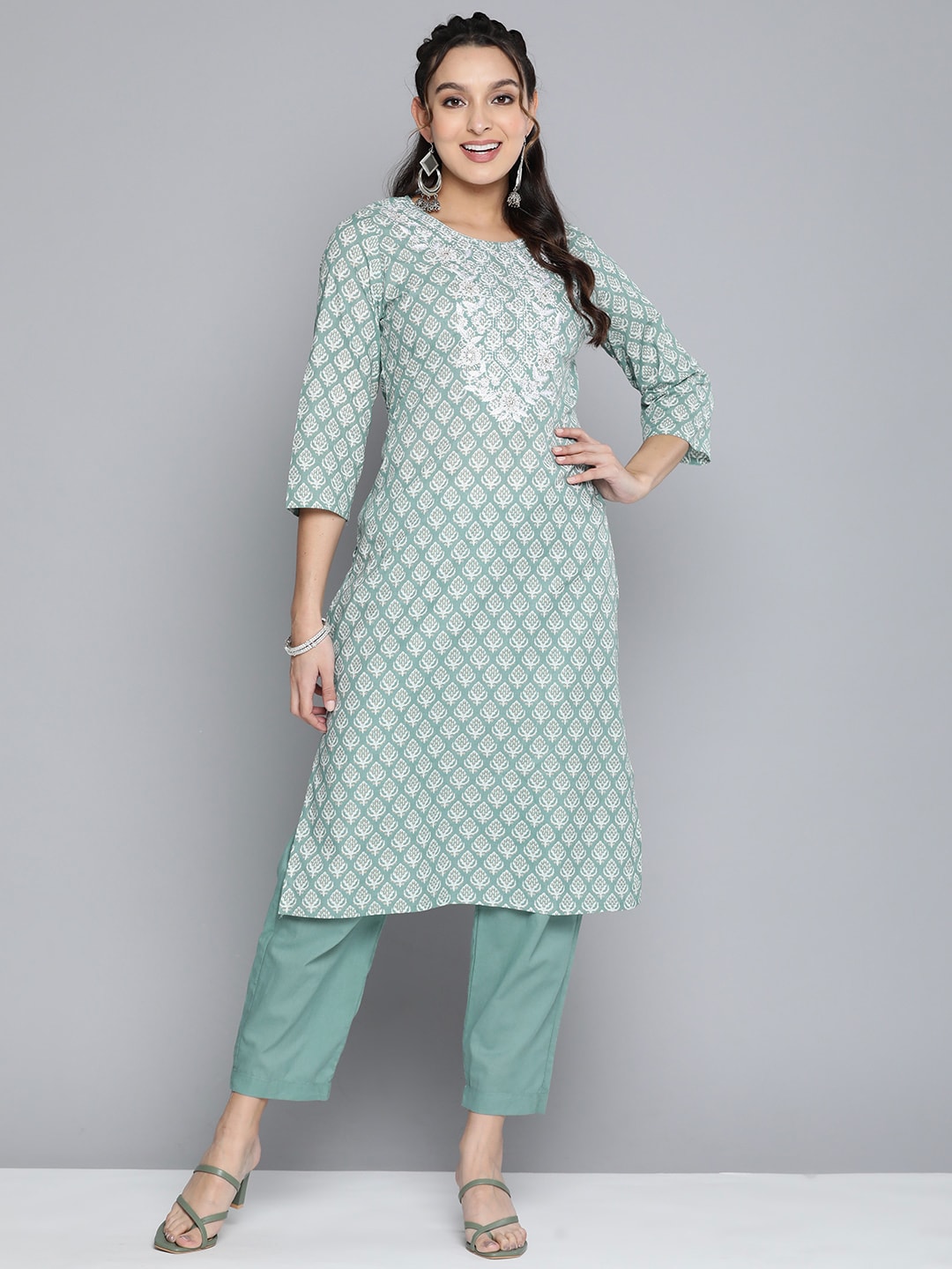 HERE&NOW Women Ethnic Motifs Embroidered Mirror Work Pure Cotton Kurta With Trousers | Grocsy