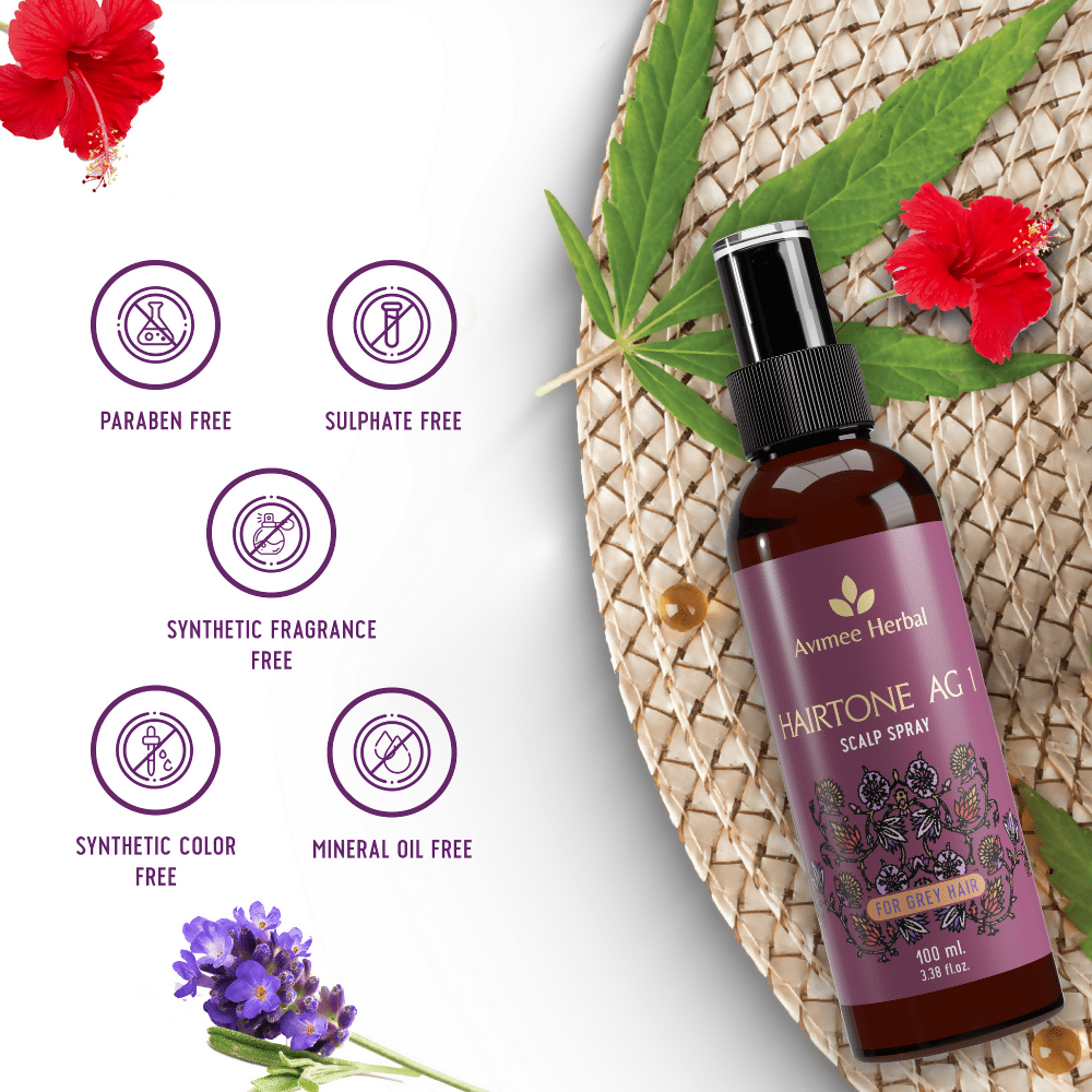 Avimee Herbal Hairtone AG 1 Scalp Spray For Grey Hair With Indigo, Henna, Beet Root and Hibiscus Extracts | Grocsy