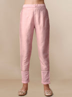 HERE&NOW Lucknowi Chikankari Schiffli Chanderi Silk Kurta Trousers with Organza Dupatta | Grocsy