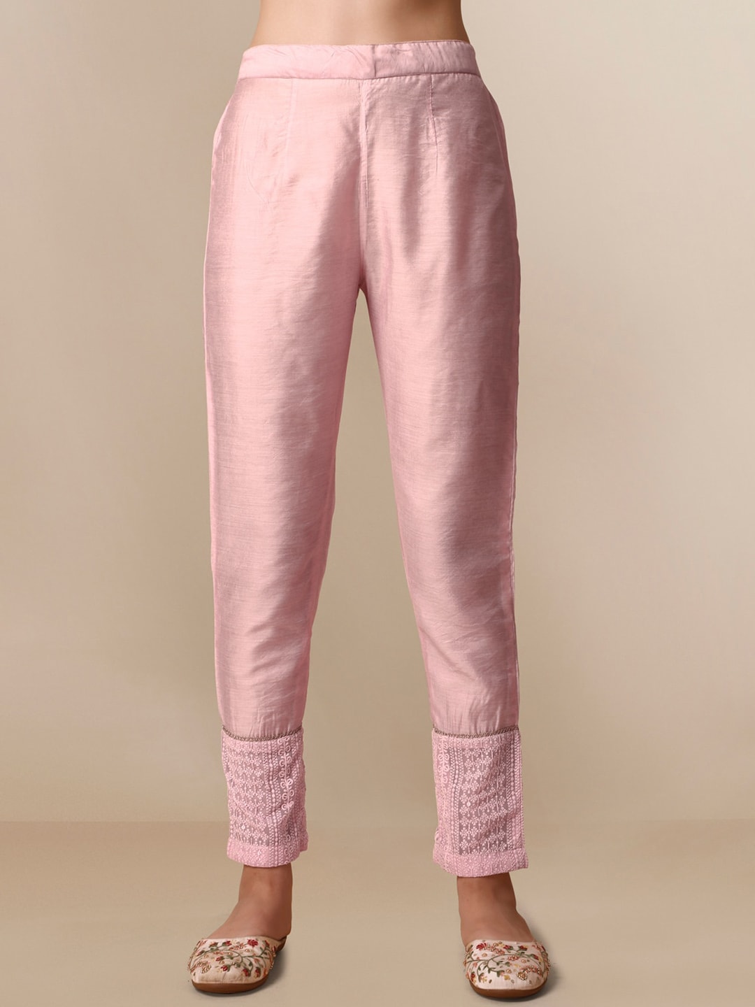 HERE&NOW Lucknowi Chikankari Schiffli Chanderi Silk Kurta Trousers with Organza Dupatta | Grocsy