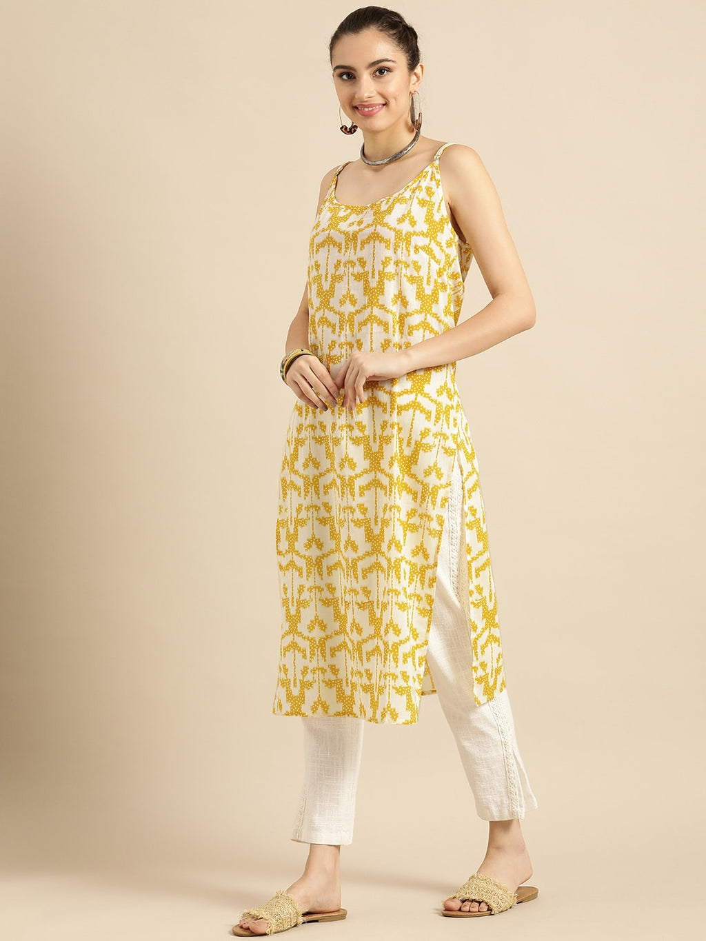 Sangria Women Mustard Yellow & Yellow Printed Cotton Kurta | Grocsy