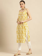 Sangria Women Mustard Yellow & Yellow Printed Cotton Kurta | Grocsy
