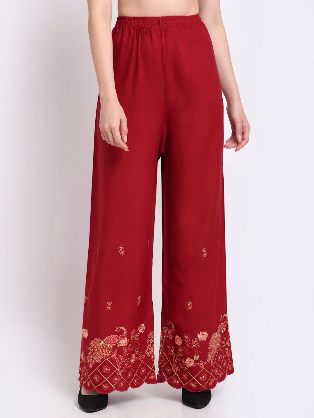 TAG 7 Women Ethnic Motifs Embroidered Flared Palazzos | Grocsy
