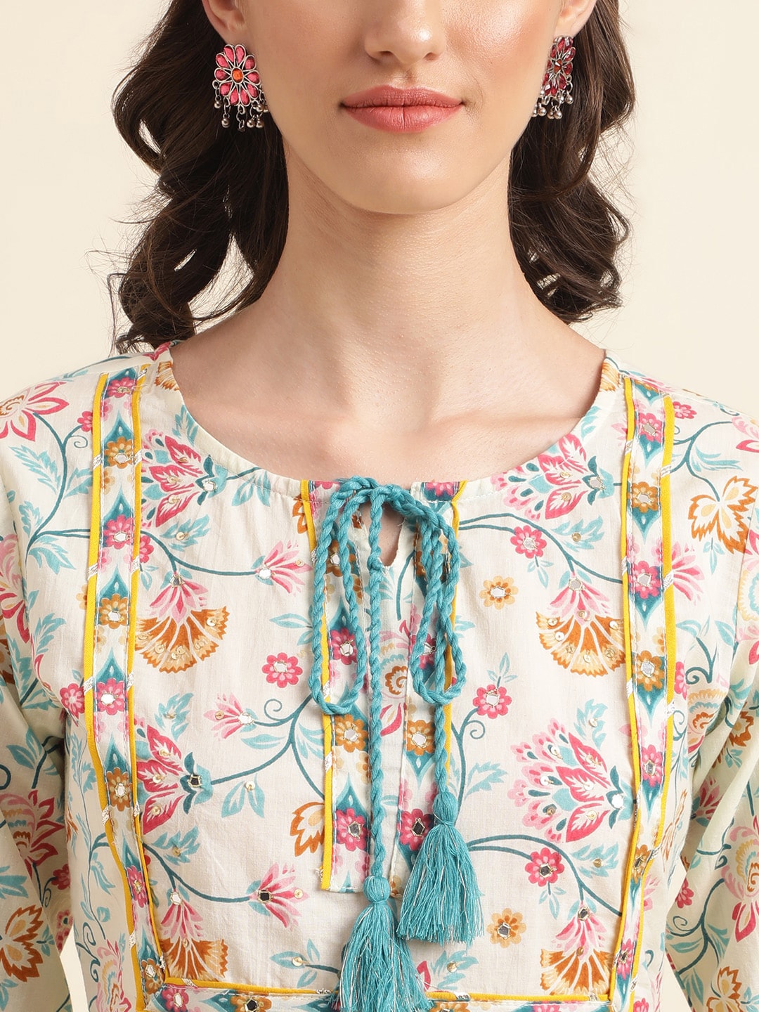 Sangria Beige & Blue Floral Printed Pure Cotton Kurta & Trouser With Dupatta | Grocsy