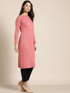 Sangria Pink Self-Striped Straight Winter Kurta | Grocsy