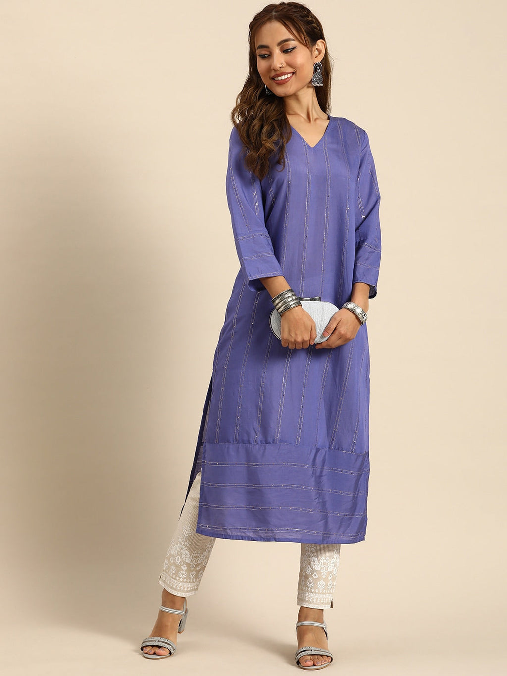 Sangria Women Jacquard Sequinned Chanderi Silk Kurta | Grocsy