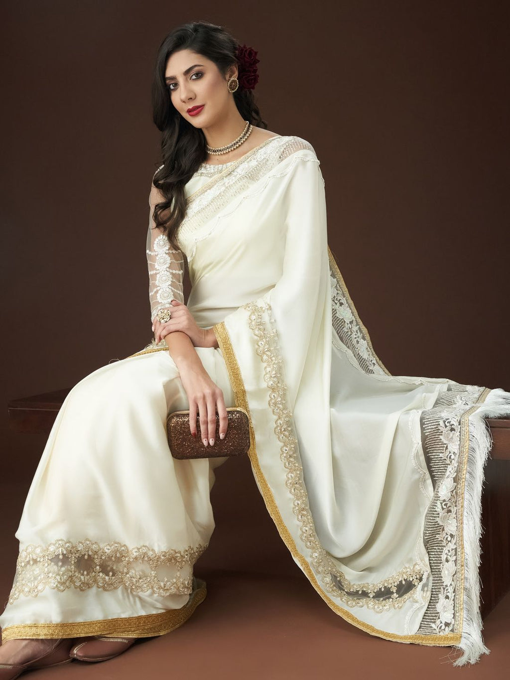 kasee Embroidered Embellished Satin Saree | Grocsy