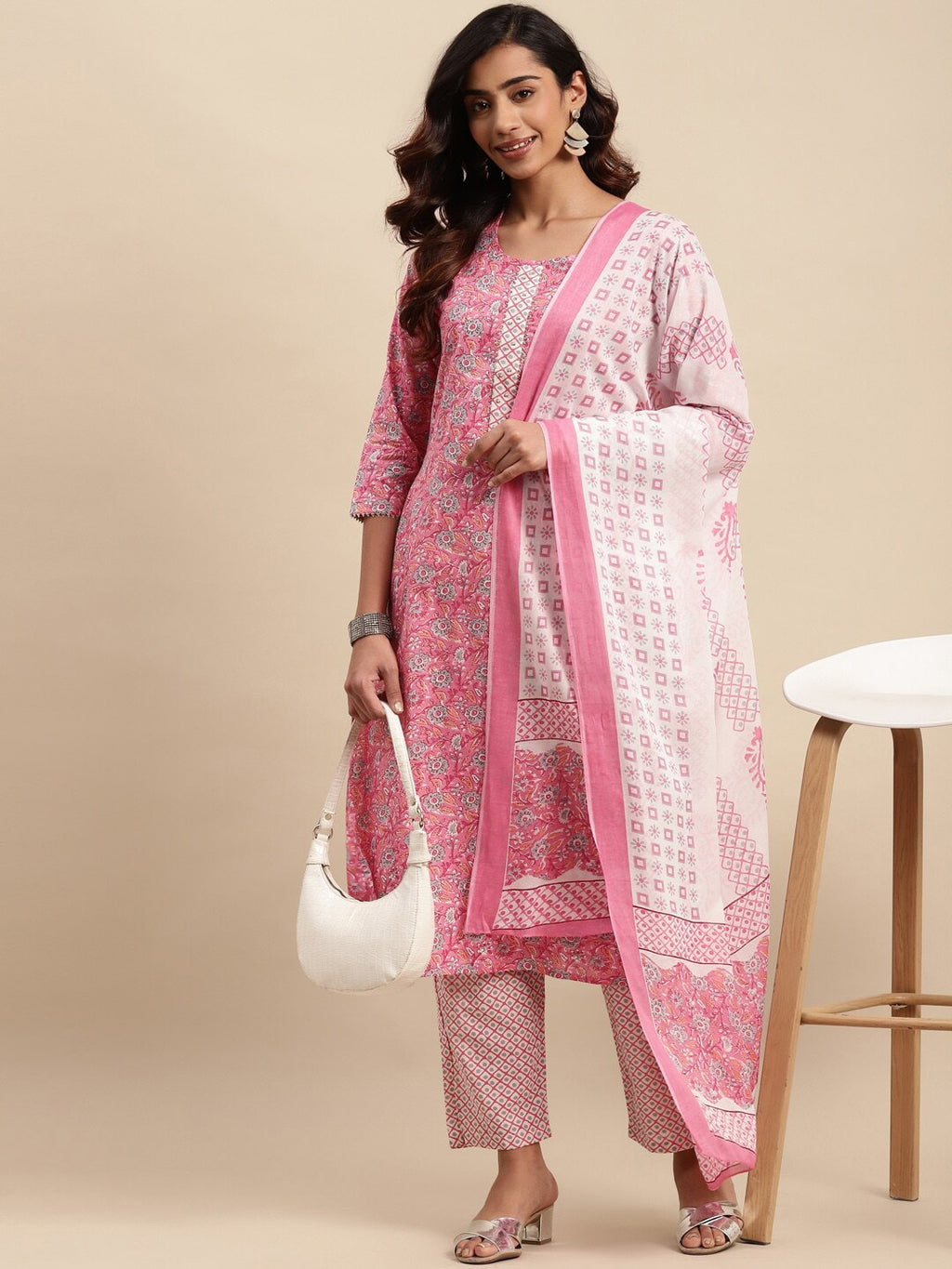 Sangria Floral Printed Gotta Patti Pure-Cotton A-Line Kurta With Trouser & Dupatta | Grocsy