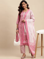 Sangria Floral Printed Gotta Patti Pure-Cotton A-Line Kurta With Trouser & Dupatta | Grocsy