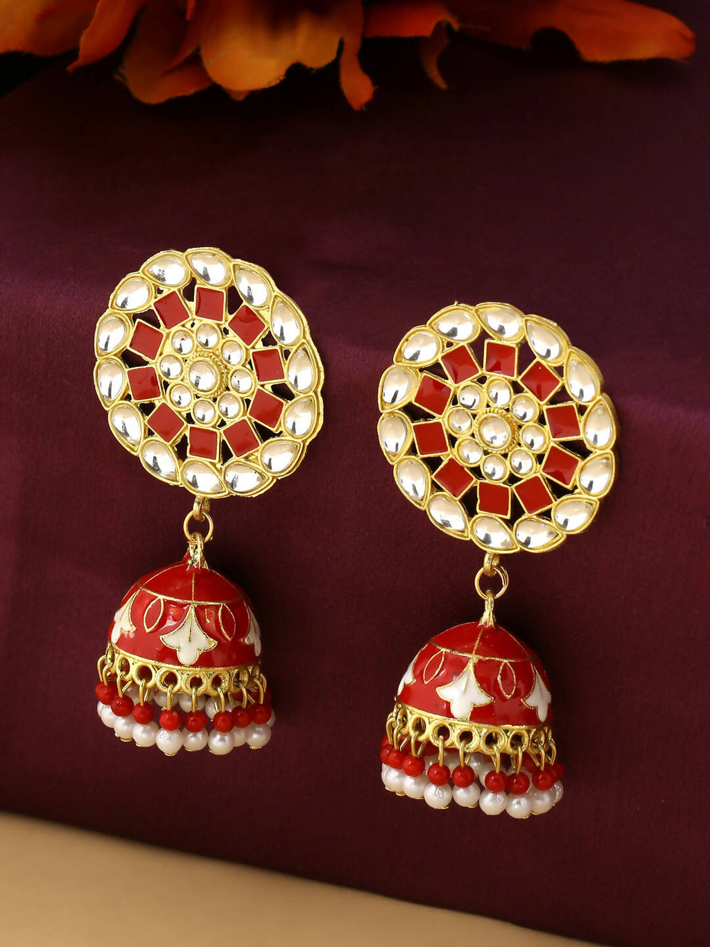 NVR Women Gold-Polished Red Dome Shaped Meenkari Jhumkas Earrings | Grocsy