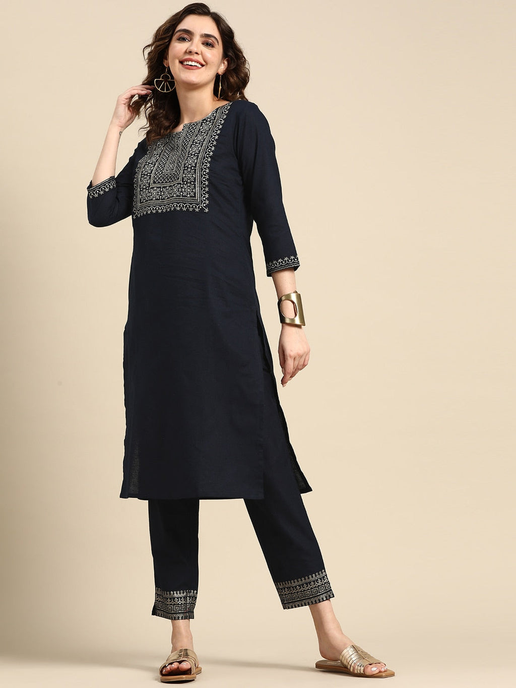 Sangria Women Ethnic Motifs Yoke Design Regular Pure Cotton Kurta with Trousers | Grocsy