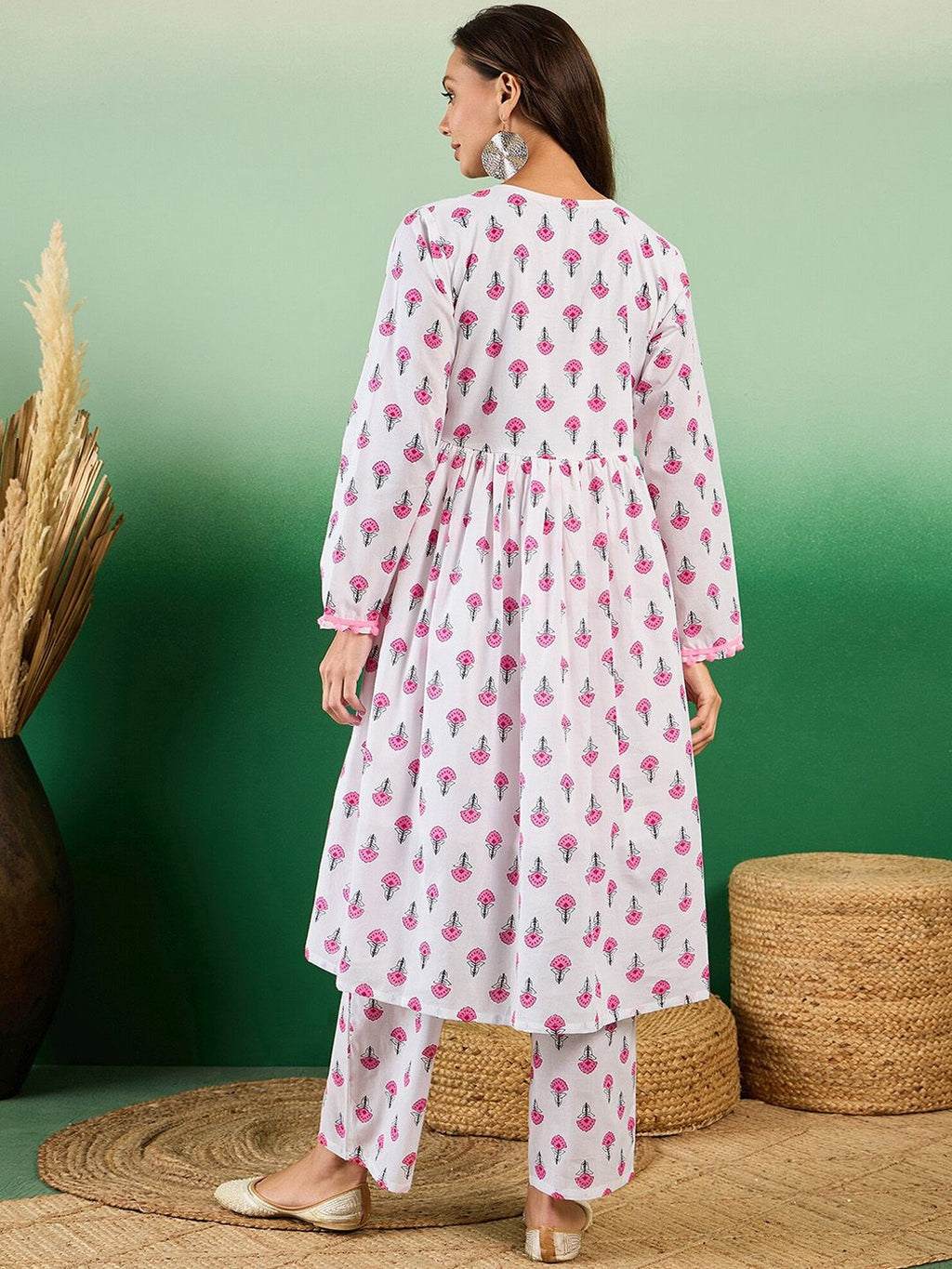 Sangria Floral Printed Pure Cotton Anarkali Kurta With Trouser | Grocsy