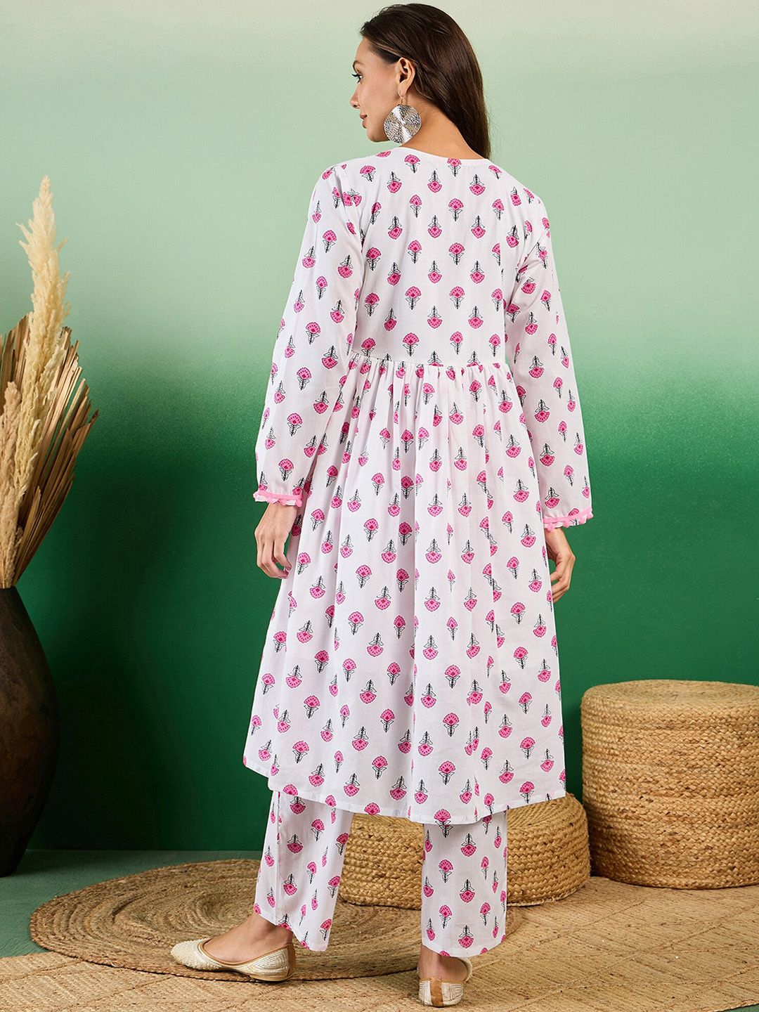 Sangria Floral Printed Pure Cotton Anarkali Kurta With Trouser | Grocsy
