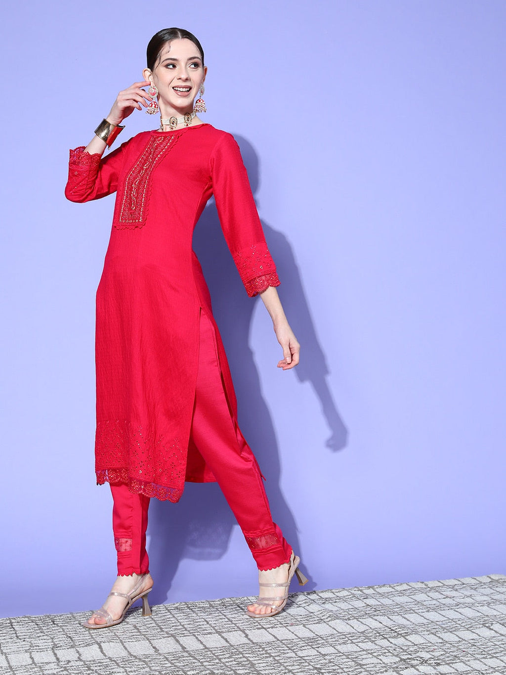 Sangria Floral Embroidered Regular Sequinned Kurta with Trousers & With Dupatta | Grocsy