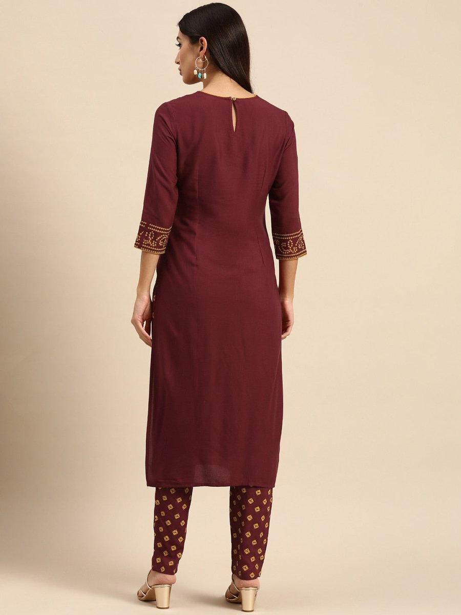 All About You Women Maroon Bandhani Printed Kurta with Trousers | Grocsy