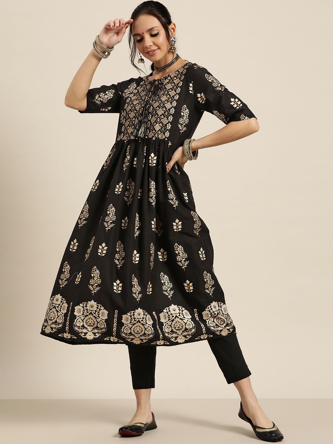 Sangria Women Black & Golden Ethnic Motifs Printed Kurta | Grocsy
