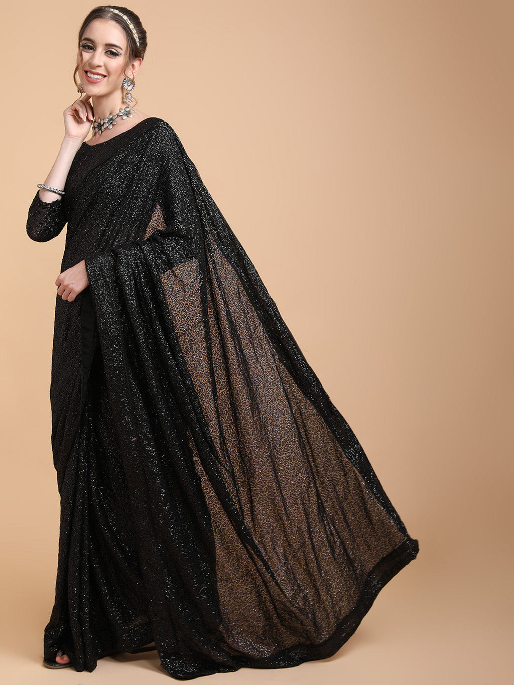 Sangria Women Black Embellished Sequinned Heavy Work Saree | Grocsy