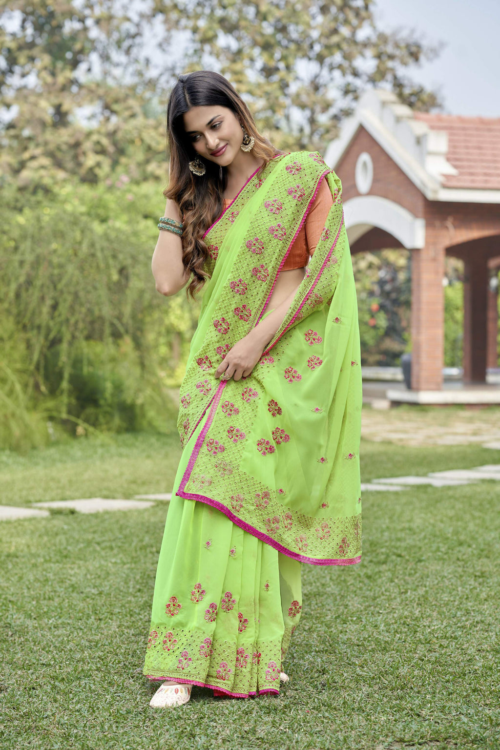 Vamsee Rashmika 2.0 Green Georgette Silk Saree | Grocsy