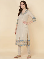 HERE&NOW Women Beige Printed Pure Cotton Kurta with Churidar & With Dupatta | Grocsy