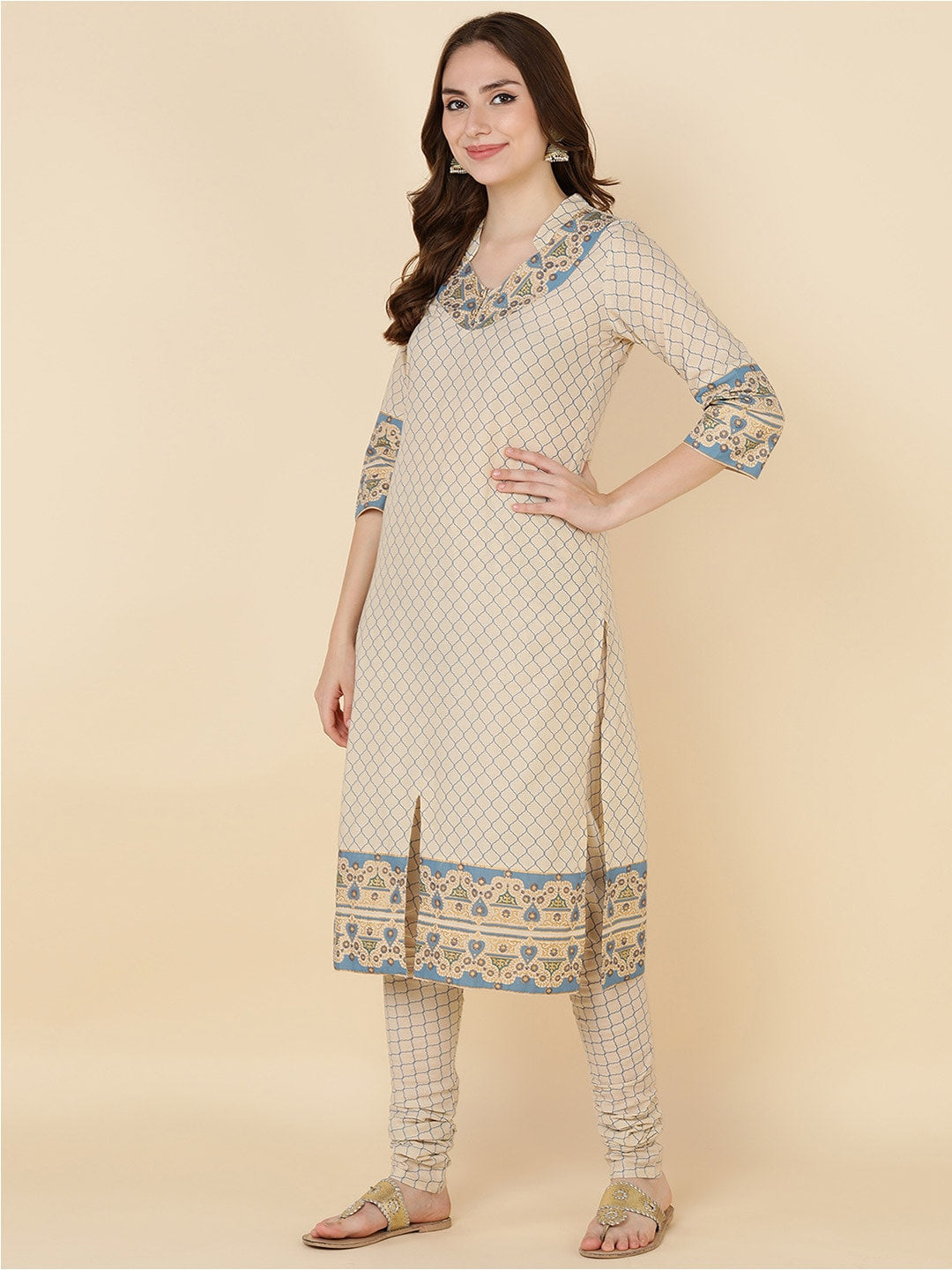 HERE&NOW Women Beige Printed Pure Cotton Kurta with Churidar & With Dupatta | Grocsy