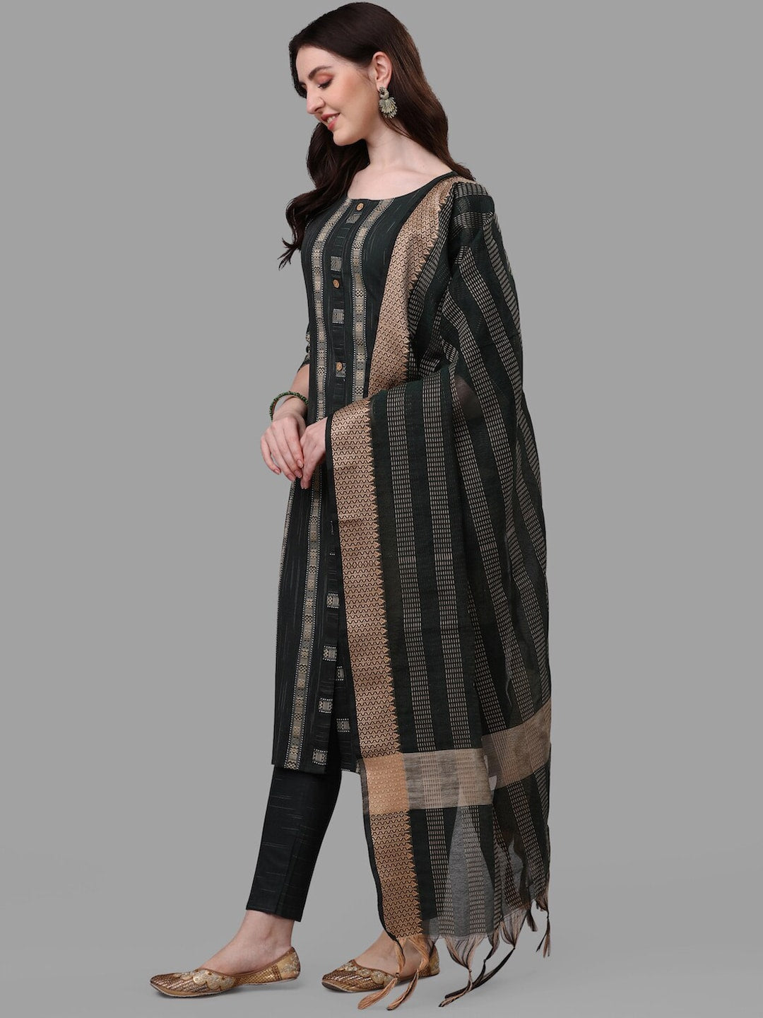 HERE&NOW Green Striped Pure Cotton Kurta With Trousers & Dupatta | Grocsy