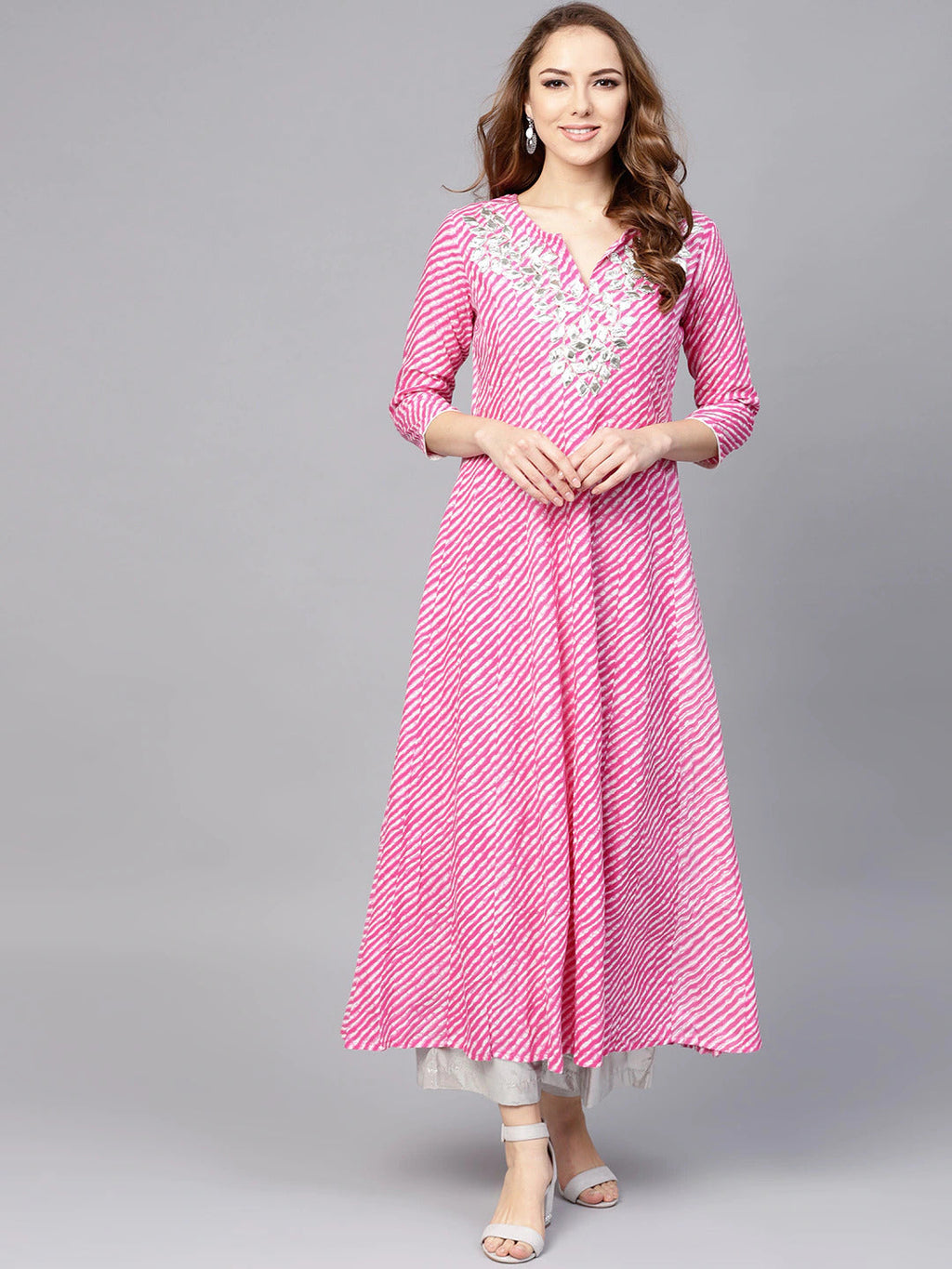 Yufta Women Pink & White Lehariya Print Anarkali Kurta | Grocsy
