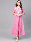 Yufta Women Pink & White Lehariya Print Anarkali Kurta | Grocsy