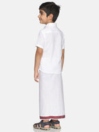 Sethukrishna Boys White & Red Pure Cotton Solid Shirt and Veshti Set | Grocsy