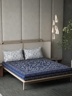 DDecor Blue & White Ethnic Motifs Cotton 140 TC King Bedsheet With 2 Pillow Covers | Grocsy