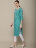 Sangria Women Blue & Yellow Leheriya Dyed Thread Work Kurta | Grocsy