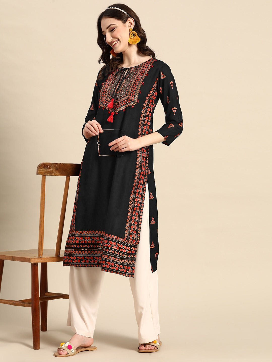 Sangria Floral Yoke Printed Mirror Work Kurta | Grocsy
