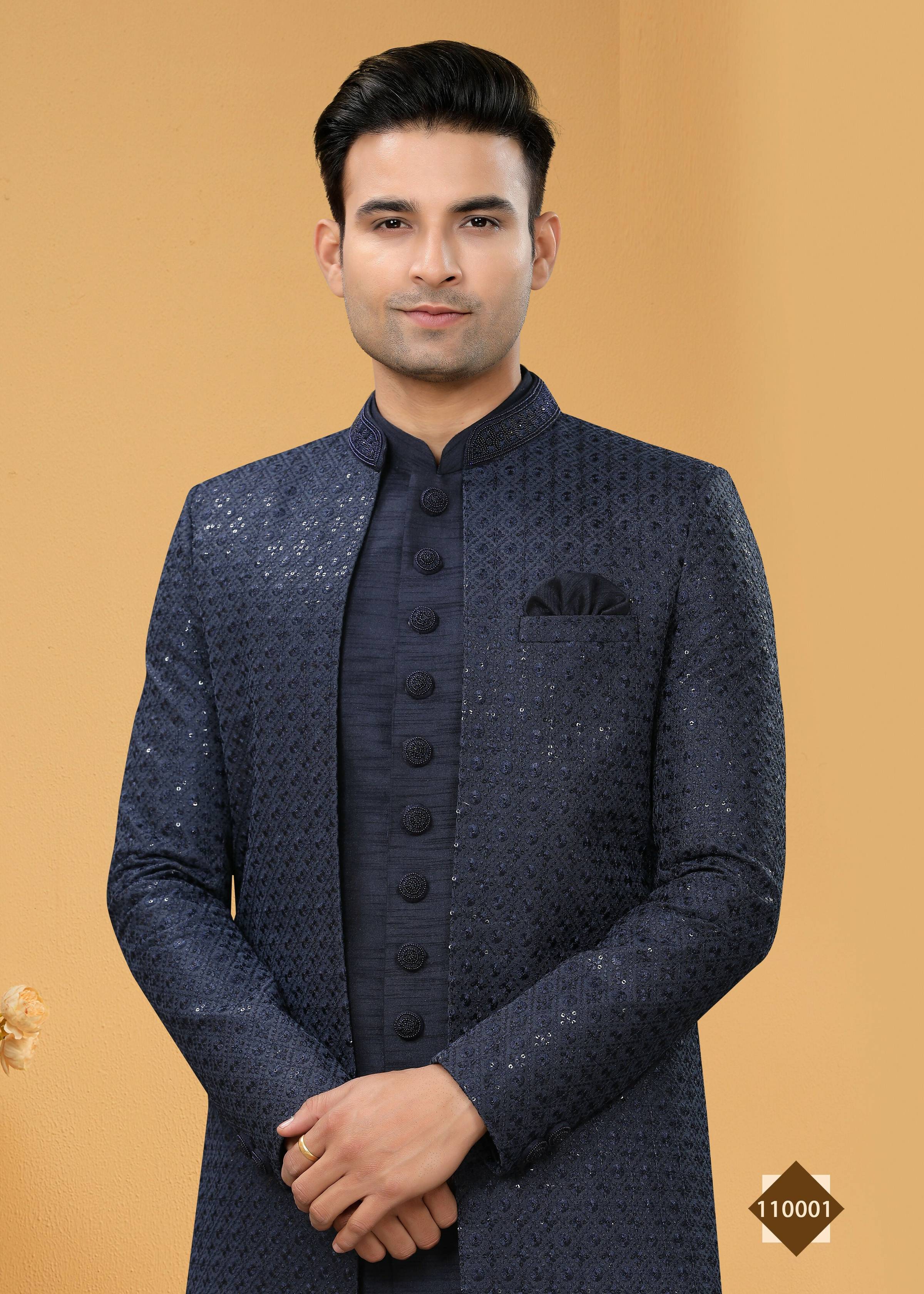 Joban Fashion Men's Navy Blue Art Silk Plain Kurta Pyjama set | Grocsy