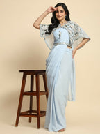 Blue Chiffon Solid Ready to wear Saree with stitched Blouse - Aayan | Grocsy