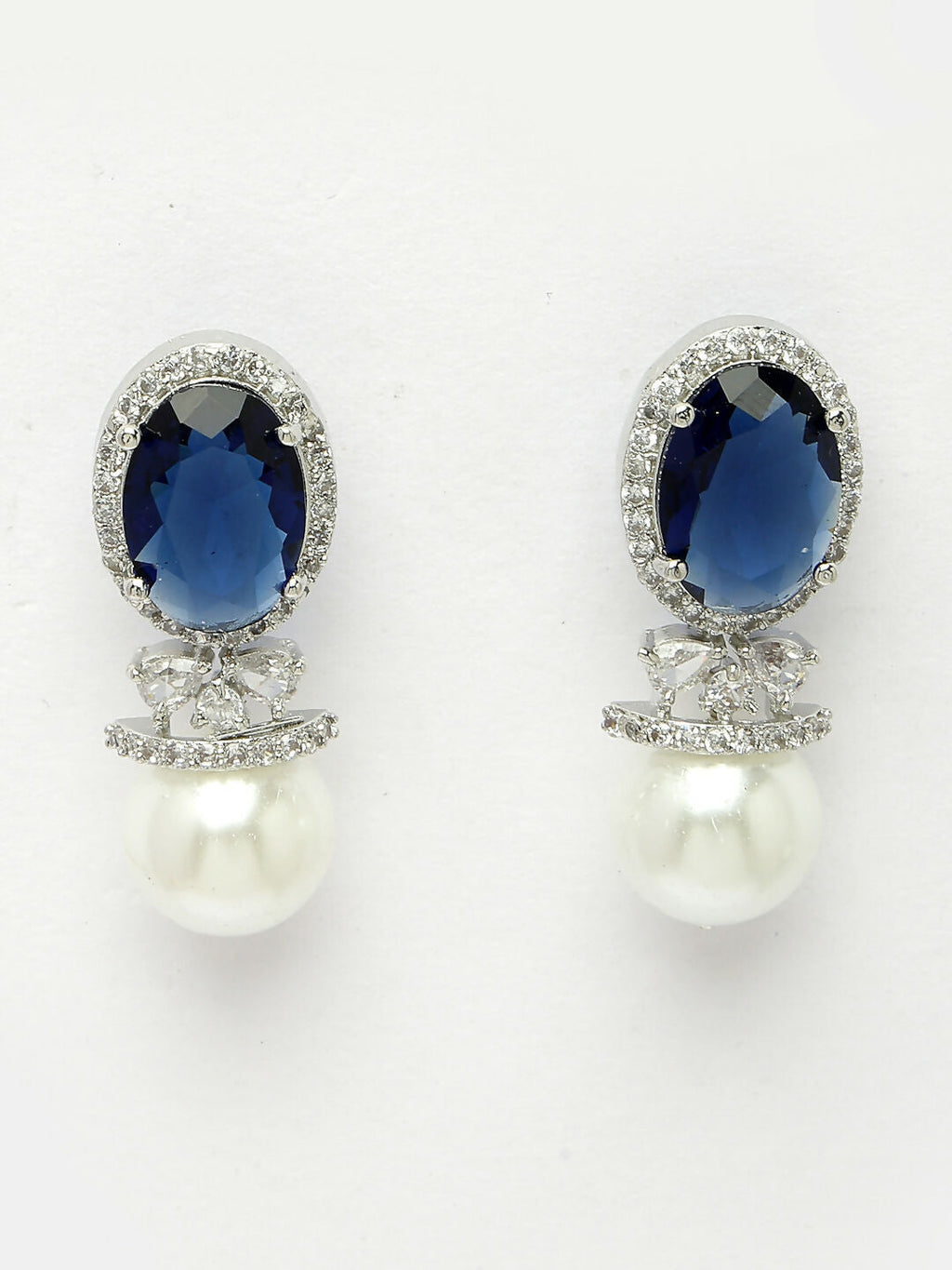 NVR Women's Silver-Plated Blue American Diamond Studded Handcrafted Jewellery Set | Grocsy