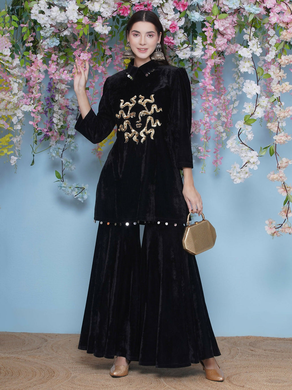 Joban Fashion Black Velvet Sharara Set | Grocsy