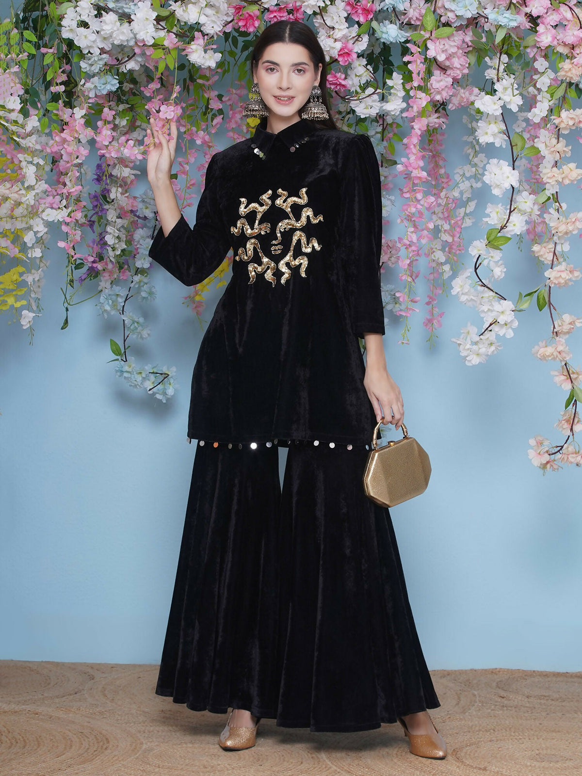 Joban Fashion Black Velvet Sharara Set | Grocsy