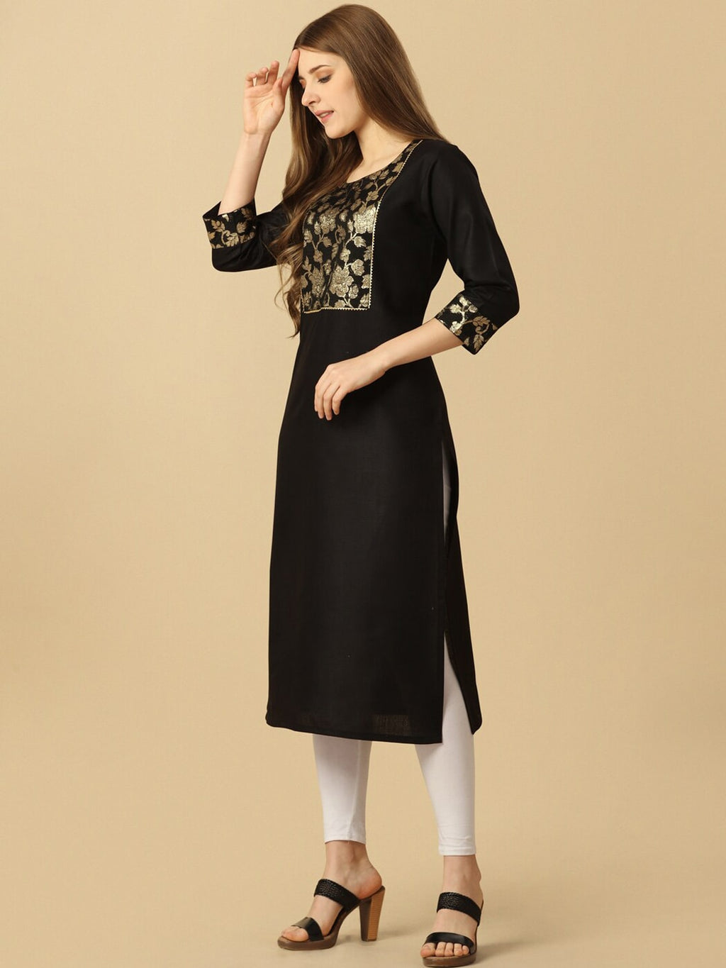 HERE&NOW Black & Gold Square Neck Yoke Design Cotton Kurta | Grocsy