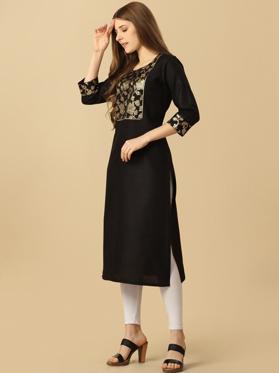 HERE&NOW Black & Gold Square Neck Yoke Design Cotton Kurta | Grocsy