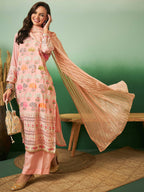 Peach Georgette Handwork Unstitched Dress Material - Hanika | Grocsy